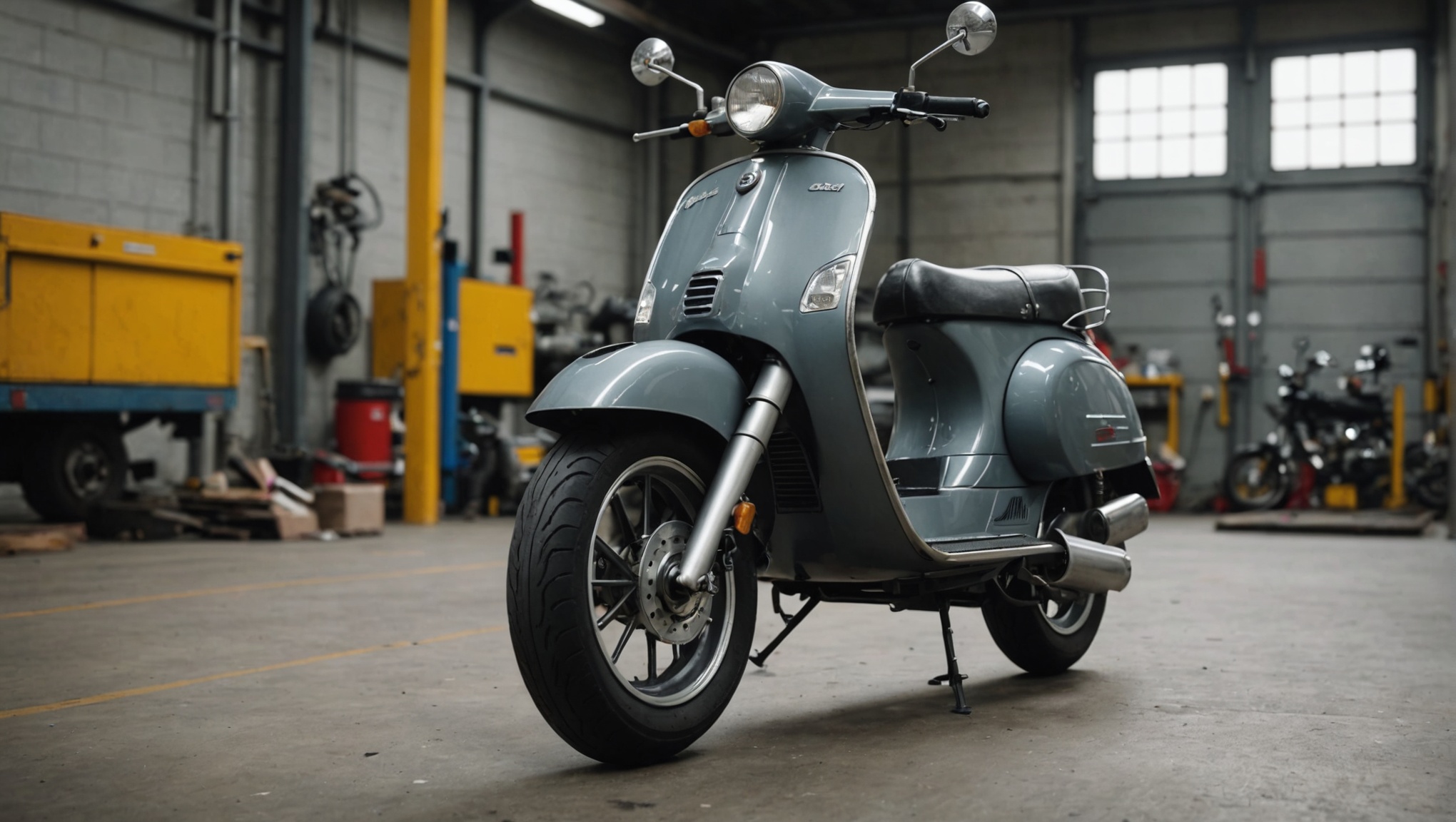 Серый скутер Vespa стоит в автомастерской с инструментами и мотоциклами на заднем плане.