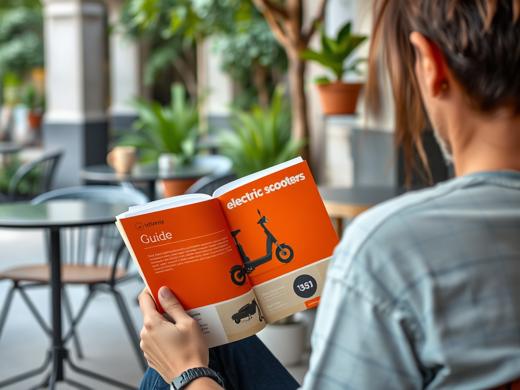 Женщина читает руководство по электрическим Scooter'ам в уютном кафе с зелеными растениями.