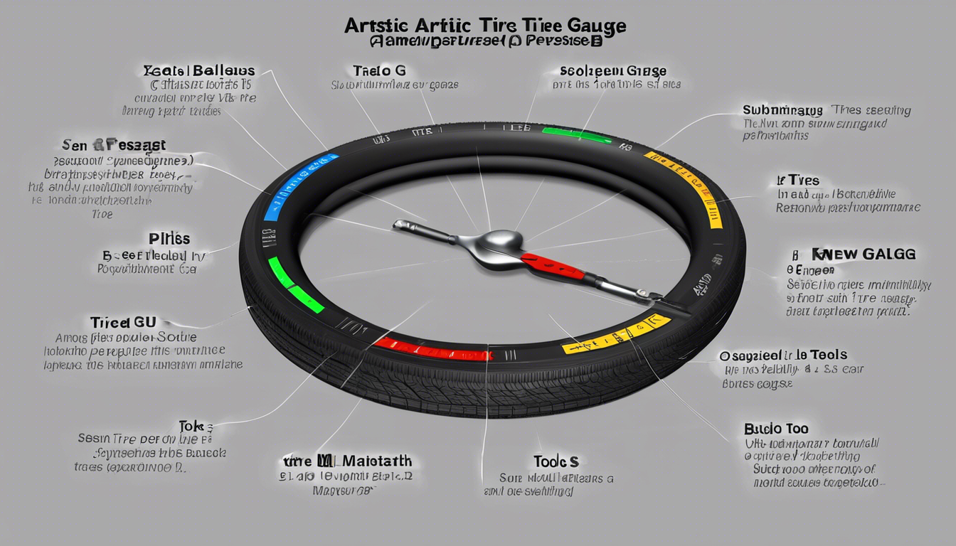 Художественная композиция, включающая манометр и набор новых автомобильных шин, каждая из которых имеет свои особенности, такие как глубина протектора, сезонная пригодность и рейтинг производительности.
