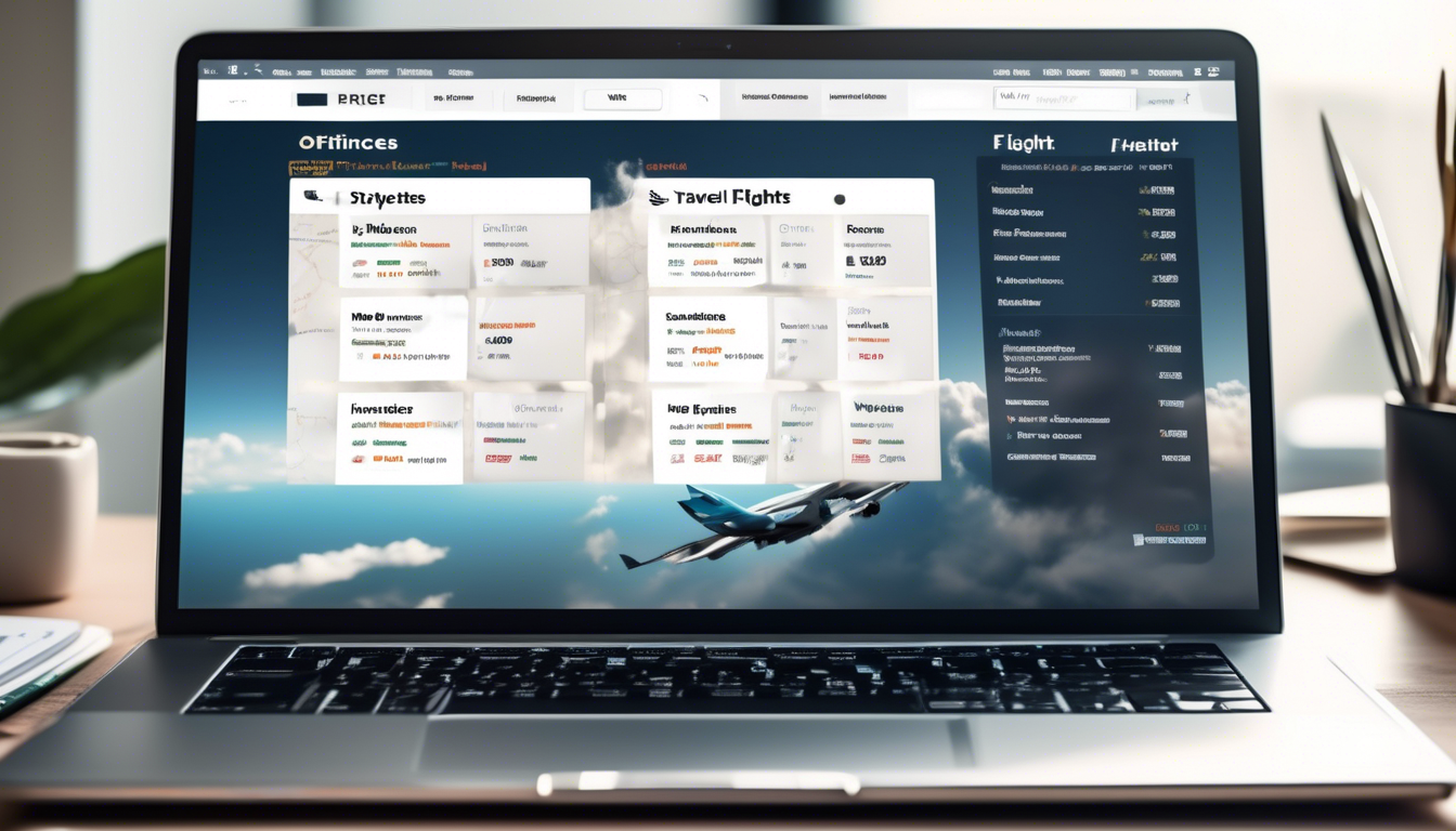 Изображение высокого разрешения: изящный экран ноутбука с открытым сайтом бронирования путешествий, на котором хорошо видны варианты регулярных и чартерных рейсов.